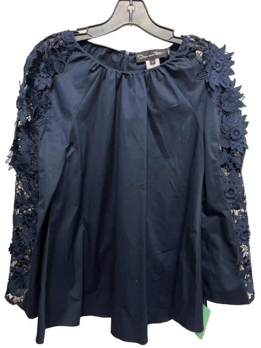Oscar De La Renta Size 4 Navy Blue Cotton Blend Lace Detail Gathered Neck Top