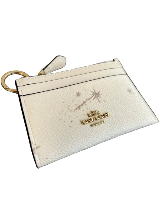Coach White Leather Zip Close Star Design Gold Hardware Card Holder Wallets