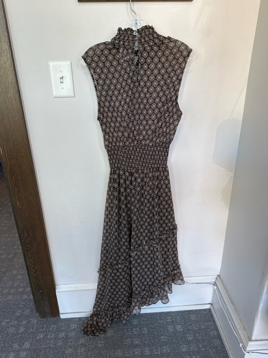 Misa Size M Black & Tan Polyester Mock Neck Metallic Thread Smocked Waist Dress