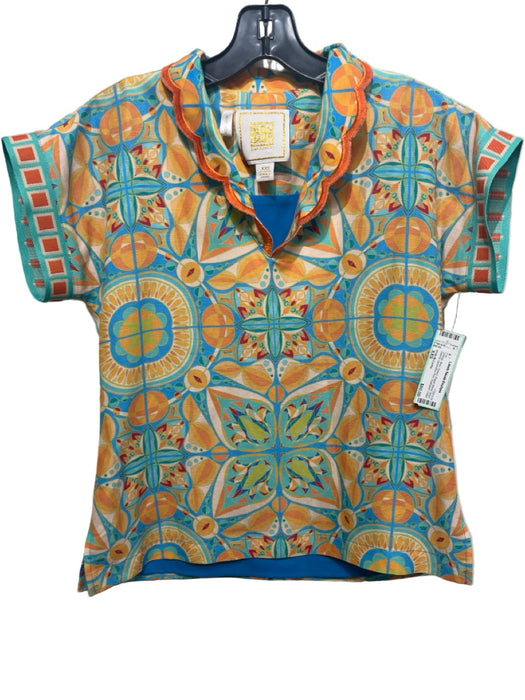 Emily McCarthy Size XXS Orange, Blue, Green Rayon Blend Short Sleeve Collar Top