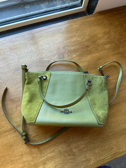 Coach Green Leather & Suede Zip Close Top Handles Crossbody Strap Bag