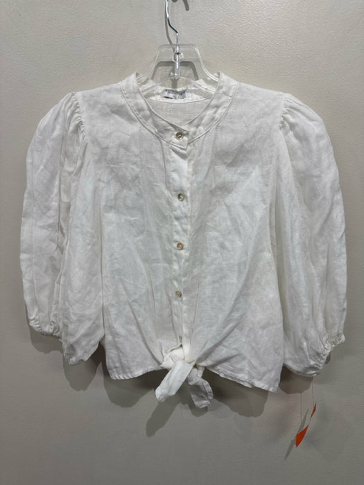 Lanhtropy Size S White Linen Puff Sleeves Button Down Tie Cropped Top