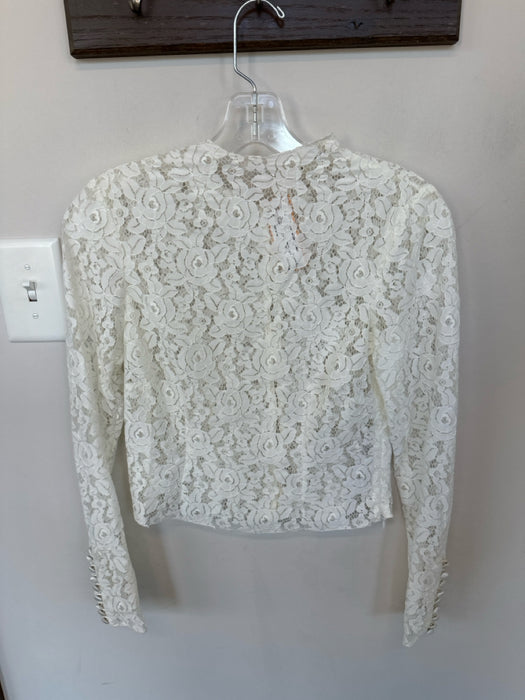 For Love & Lemons Size S White Nylon Lace Flowers Long Sleeve Back Button Top