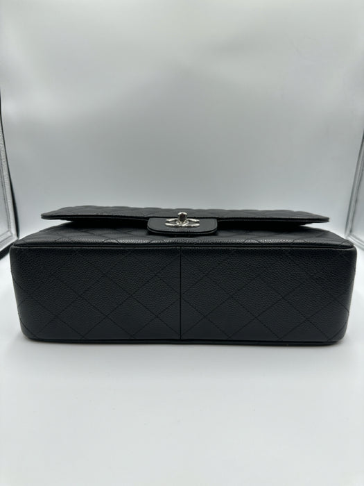 Chanel Black Caviar Leather Chain Strap Quilted Double Flap Silver hardware Bag