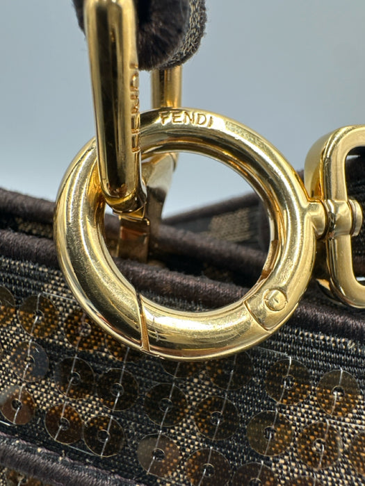 Fendi Brown Canvas Sequin Zucca Monogram Top Handle Crossbody Bag