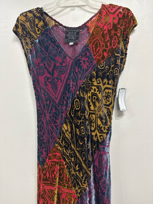 Johnny Was Size Small Blue, Red, Yellow Rayon Blend Sleeveless Velvet Midi Dress