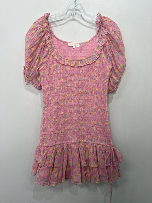 Loveshackfancy Size M Pink Yellow Blue & Green Cotton Smocked Wide Neck Dress