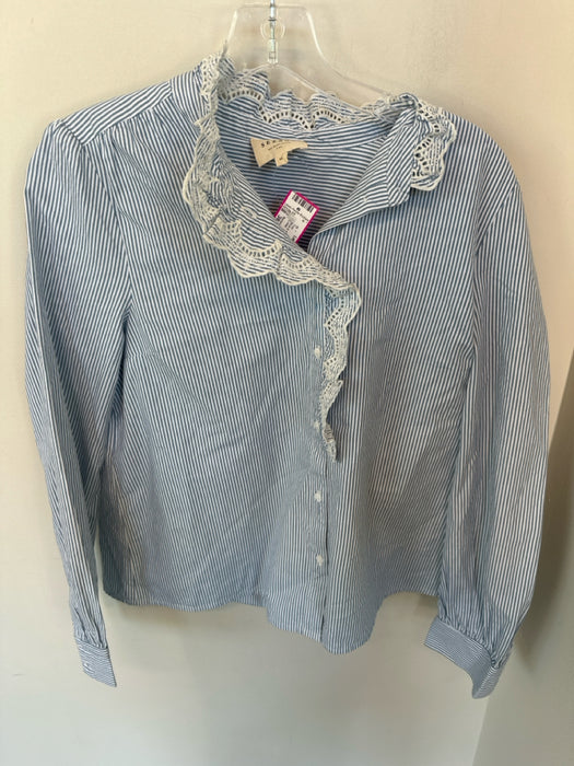 Sezane Size 38 Blue & White Cotton Long Sleeve Lace Collar Striped Top