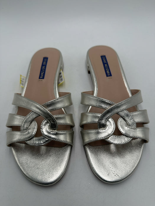 Stuart Weitzman Shoe Size 7.5 Silver Leather Wrap Open Toe Block Heel Sandals