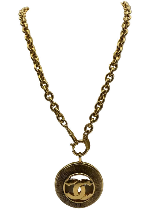 Chanel Gold Metal Chain Logo Pendant Long Chain Necklace