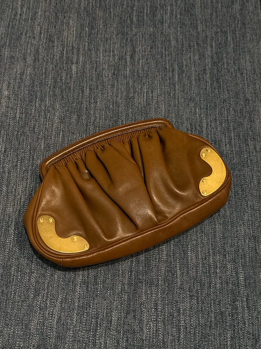 Miu Miu Brown Leather Gold hardware Gathered Magnetic Close Clutch Bag