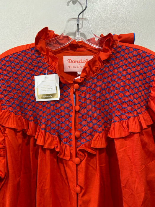 Dondolo Size L Orange & Blue Cotton Smock neck Stitch Detail Button Down Dress