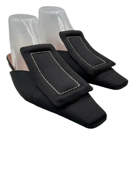 Marni Shoe Size 39 Black Leather Satin Oversized Buckle contrast stitch Mules