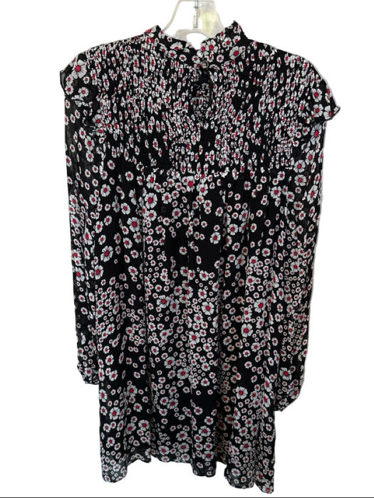 The Kooples Size 2 Black & Red Viscose Long Sleeve Flowers Smocked Dress