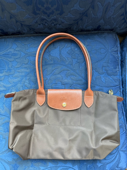 Longchamp Brown Nylon & Leather Top Handles Zip Close Bag