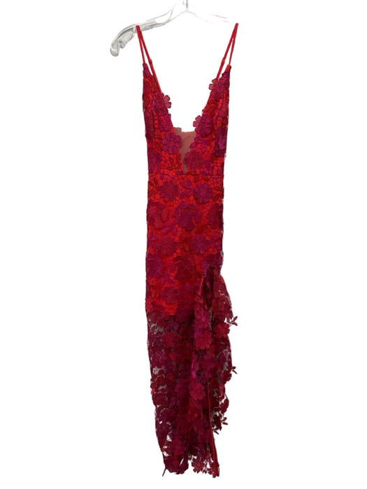 Lovers + Friends Size S Red & Magenta Polyester Embroidered Floral Overlay Gown