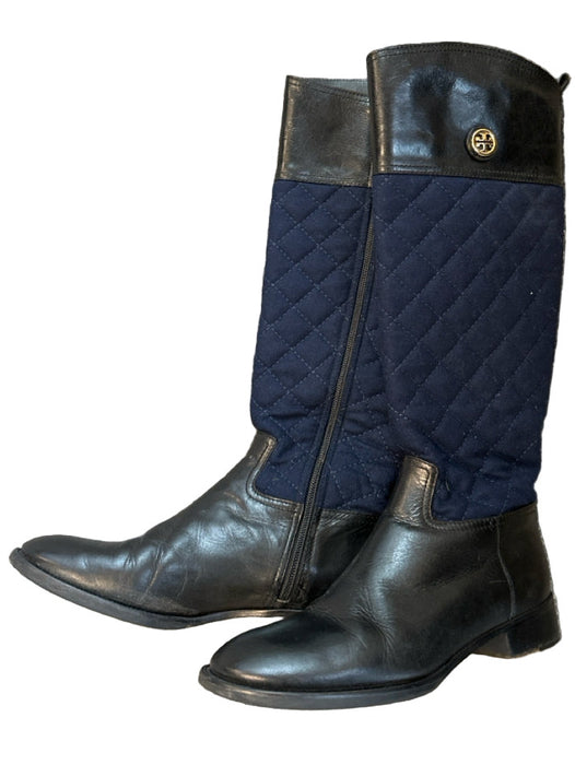 Tory Burch Shoe Size 7.5 Navy & Black Canvas & Leather Quilted Side Zip Boots