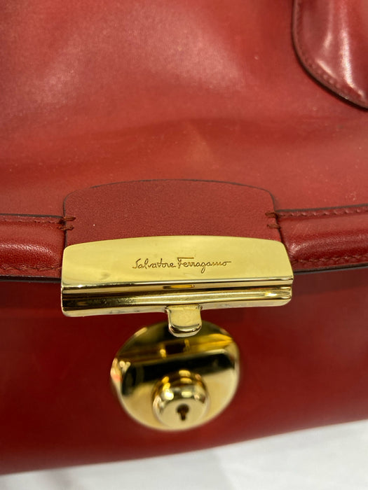 Salvatore Ferragamo Red & Gold Leather 2 Handles Gold Hammered Ring Bowler Bag