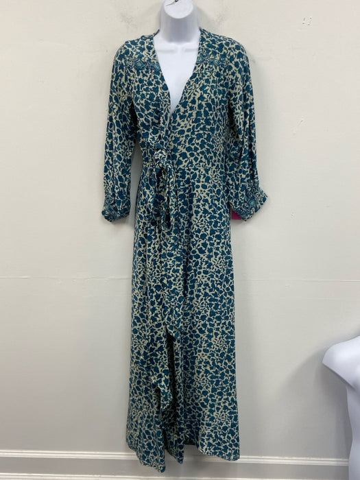 Natalie Martin Size XS White & Blue Silk Long Sleeve All Over Print Wrap Dress