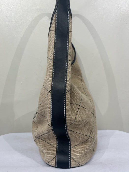 Tory Burch Tan & black Leather & Linen Quilted Logo Shoulder Hobo Bag