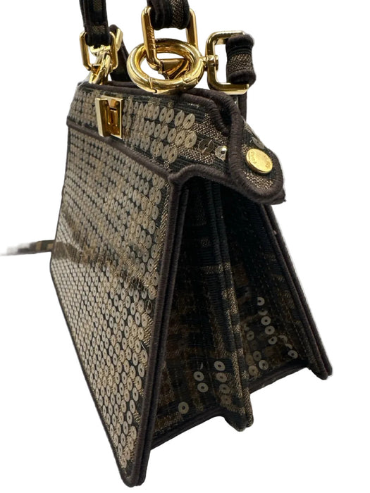 Fendi Brown Canvas Sequin Zucca Monogram Top Handle Crossbody Bag