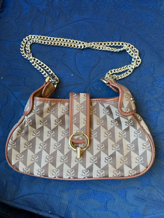 Sandro Taupe & Brown Canvas Logo Leather Accents Chain Strap Turn Lock Bag