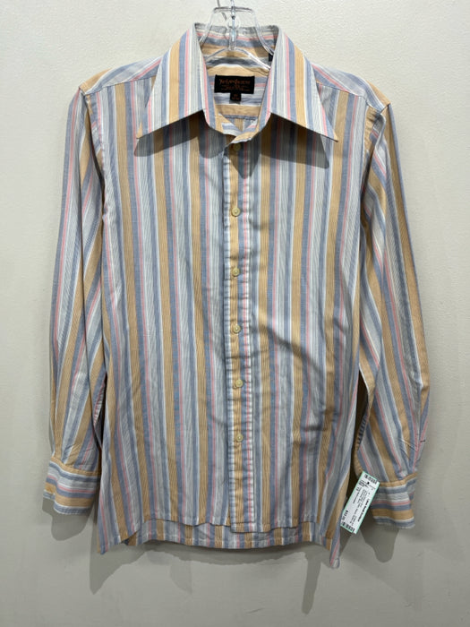 Yves Saint Laurent Size 15 Blue & Yellow Cotton Striped Men's Long Sleeve Shirt