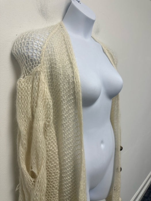 Loewe Size L Cream Mohair Blend Open Knit Back Logo Twist Detail Cardigan