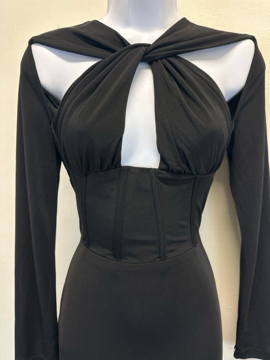 Alieva Size S Black Rayon Blend Long Sleeve Cut Out bustier Maxi Dress