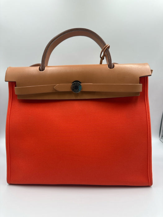 Hermes Orange Canvas Leather Silver Hardware Crossbody Certified by Entrupy Bag