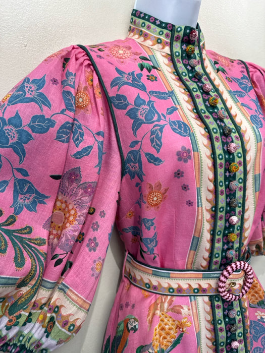 Zimmermann Size S / 1 Pink & Green Print Linen Button Front Back Zip Mini Dress