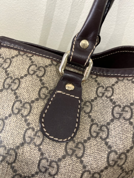Gucci Beige & Brown Leather Monogram Canvas Stripe Detail Tote Bag