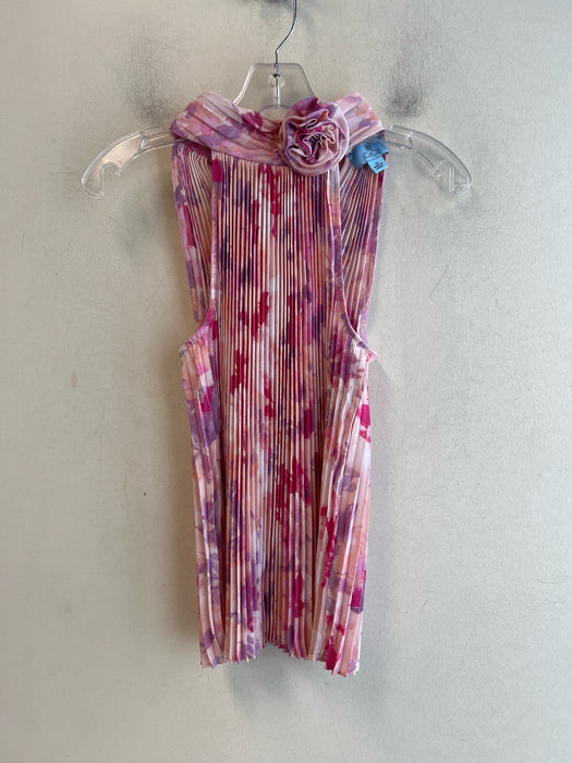 CeCe Size XS Pink & Multi Polyester Halter Sleeveless Pleated Tie Neck Top