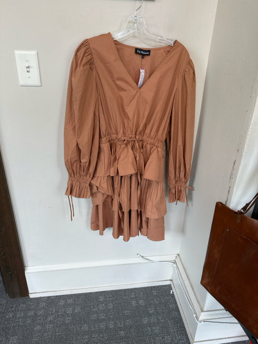 En Saison Size L Tan & brown Cotton Long Balloon Sleeve Striped Dress