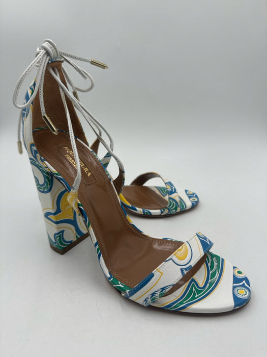 Aquazzura Shoe Size 37 White Blue & Yellow Leather open toe Paisley Pumps