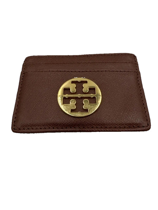 Tory Burch Brown Saffiano Leather Gold Tone Hardware Logo Slim Wallets