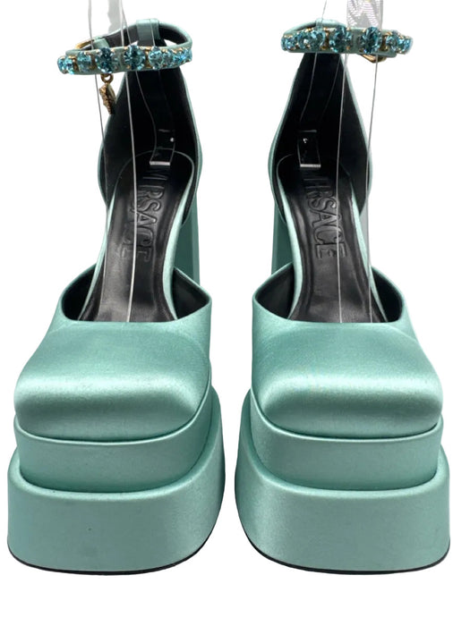 Versace Shoe Size 39.5 Seafoam Green Satin Leather Rhinestone Square Toe Pumps