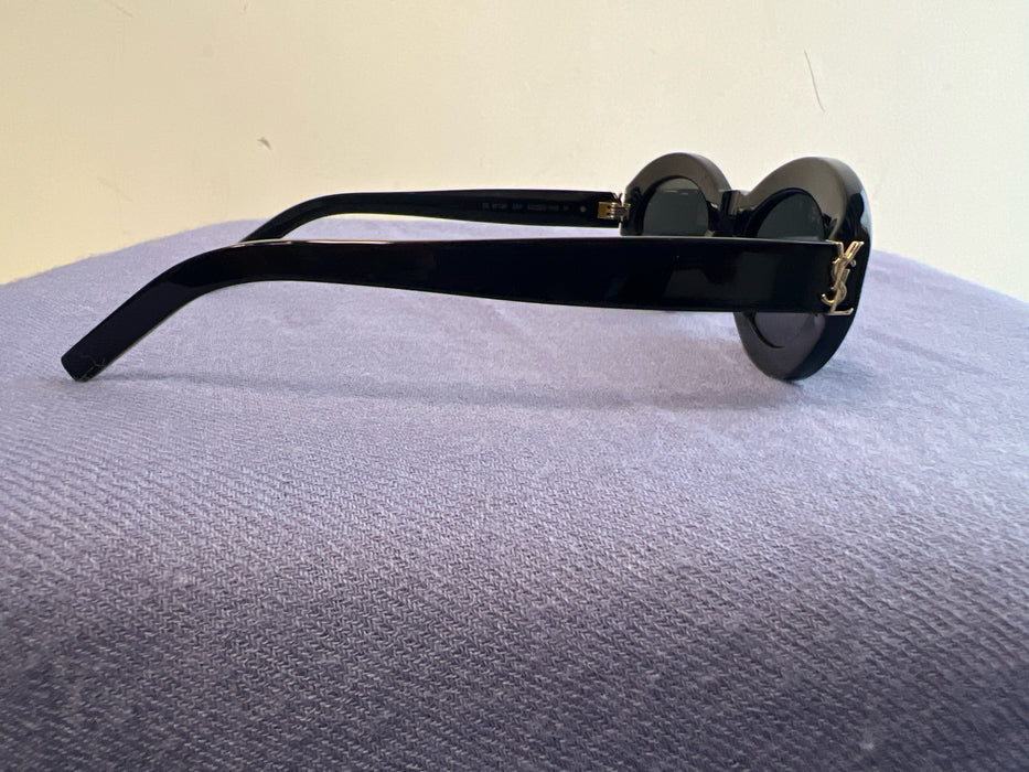 Yves Saint Laurent Black Acetate Oval Logo Thick Arms Sunglasses
