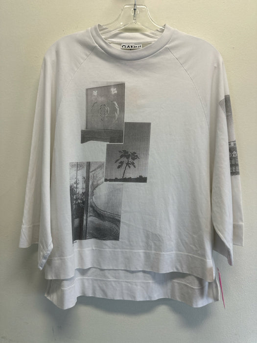 Ganni Size XXS/XS White & Gray Cotton Graphic Wide Sleeve Photo Print Top