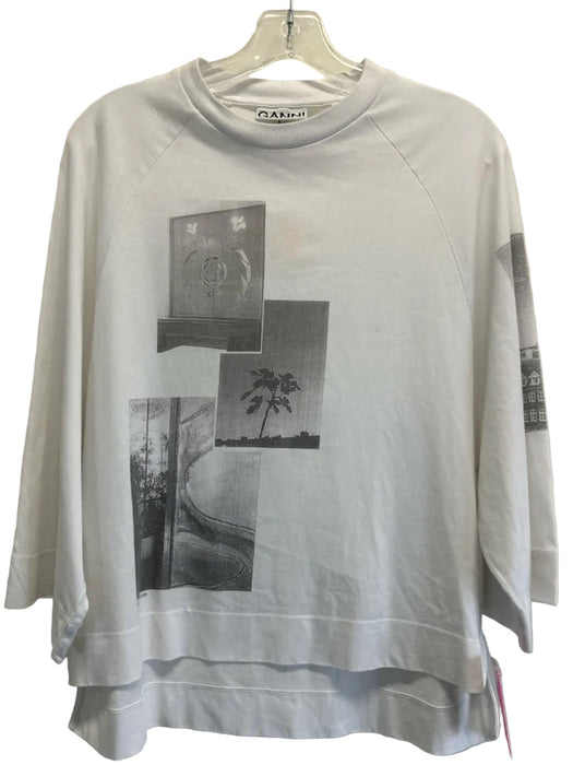Ganni Size XXS/XS White & Gray Cotton Graphic Wide Sleeve Photo Print Top
