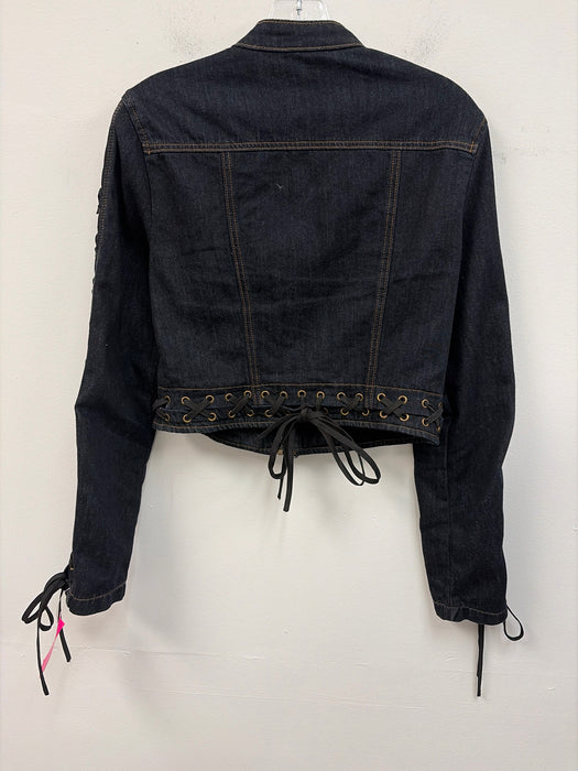 Lioness Size M Dark Wash Cotton Blend Zip Front Lace Up Detail Denim Jacket