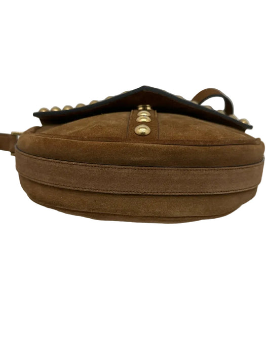 Saint Laurent Tan Brown Suede Gold Studs Flap Satchel Crossbody Strap Bag