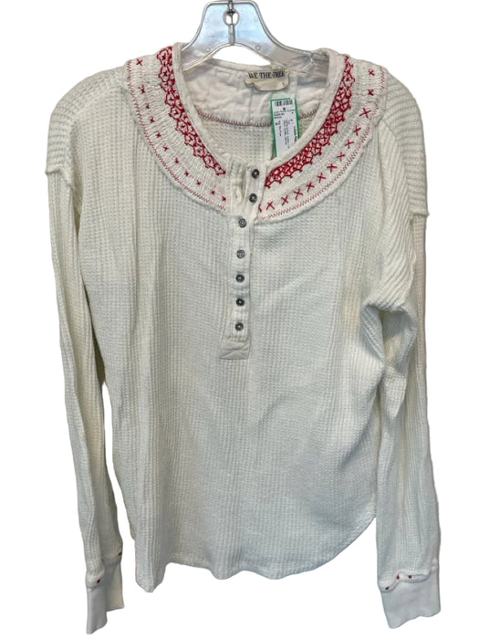 We The Free Size S White & Red Cotton Long Sleeve Cross Stitch Waffle Top