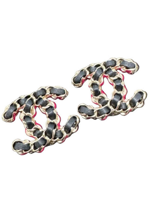 Chanel Black, Pink, Gold Leather & Metal Enamel Interlocking CC Earrings