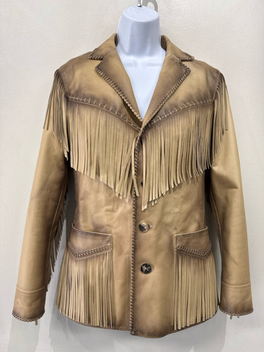 Ralph Lauren Purple Size 2 Beige & Brown Calf Leather Button Front Fringe Jacket