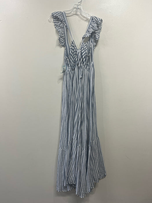 Ulla Johnson Size 8 Blue & White Cotton Striped Ruffle Straps Square Neck Dress