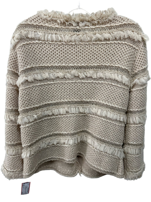 St John Size 4 Beige Wool Blend Fringe Trim Hook & Eye Cardigan