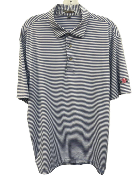 Peter Millar Size L Blue & White Synthetic Striped Polo Athleisure Short Sleeve