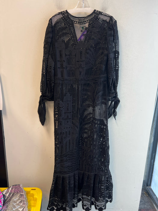 Farm Rio Size S Black Polyester Long Sleeve V Neck Waist tie Ruffle Hem Dress