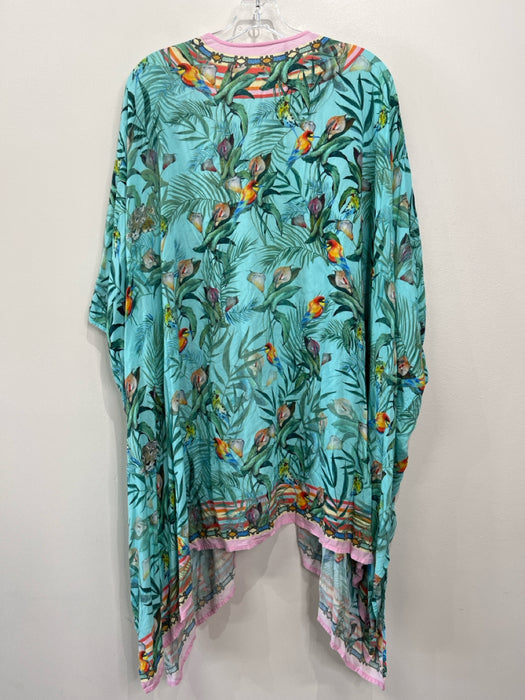 Johnny Was Size L Blue & Pink Viscose Tropical Print Kaftan Open Front Dress